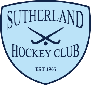 Logo for Sutherland Hockey Club - Blue Crest shaped logo, with crossed field hockey sticks in the centre